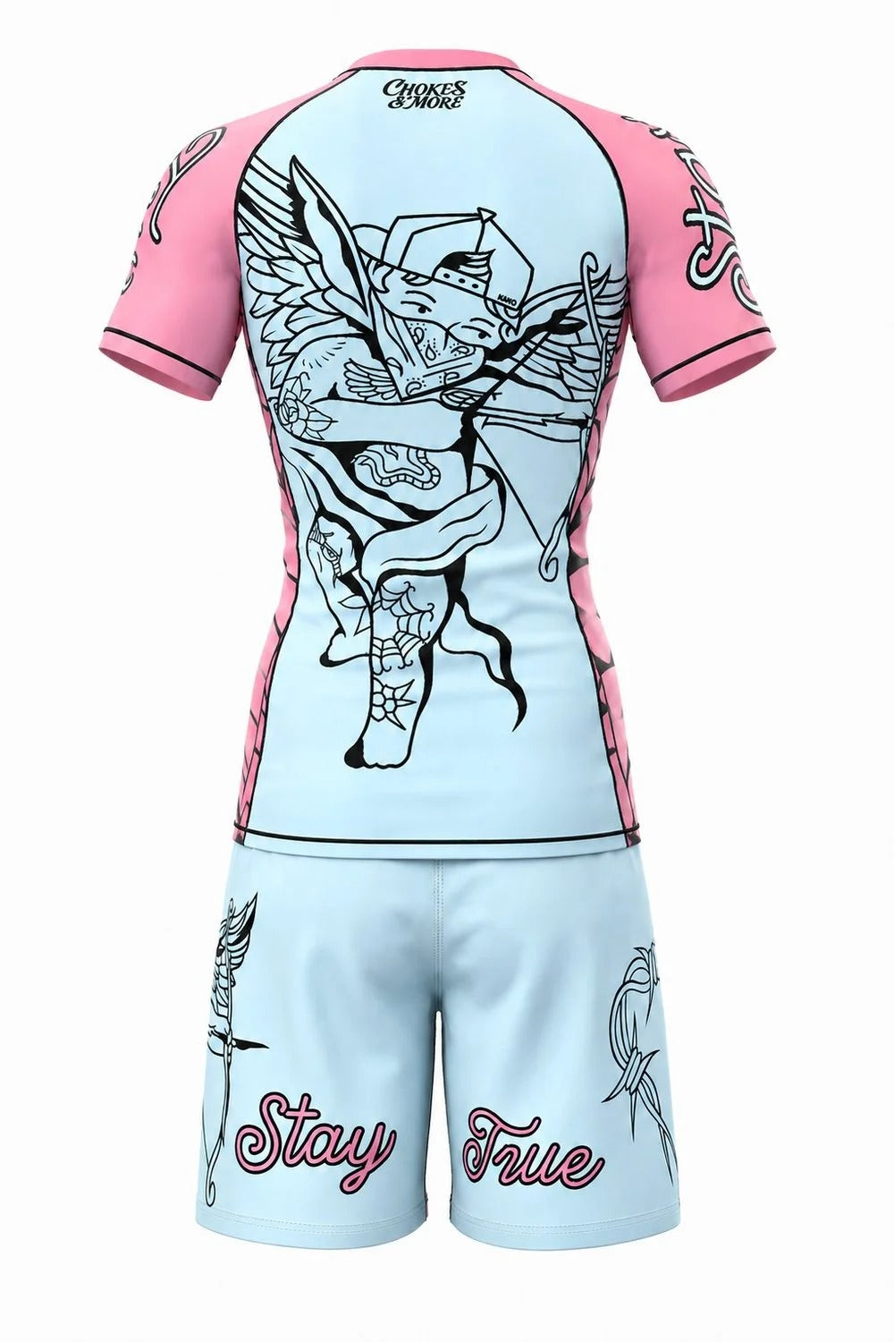 Chokes & More Stay True rashguard and shorts, pink/blue, back