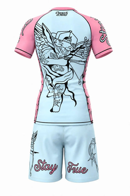 Chokes & More Stay True rashguard and shorts, pink/blue, back