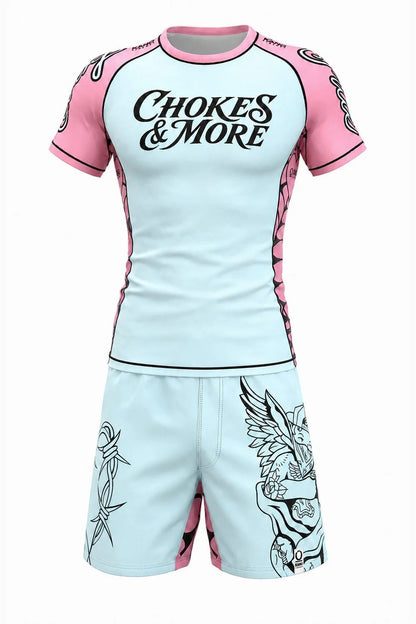 Chokes & More Stay True rashguard and shorts, pink/blue, front
